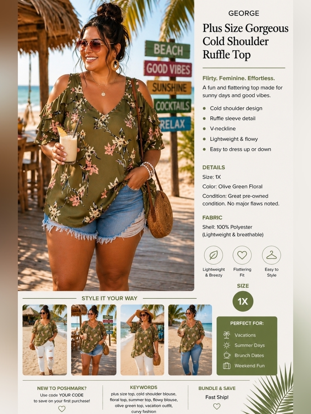 George Plus Size Olive Floral Cold Shoulder Top | Flowy Ruffle | 1X - Picture 2 of 11